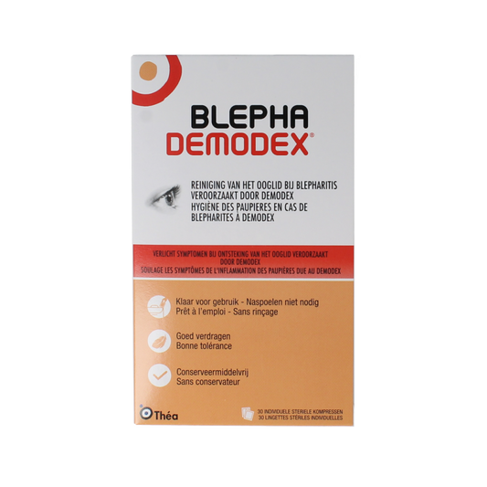 Diversen Blephademodex oogverzorging reinigingstissues, 30 stuks, with soft fabric for gentle eyelid cleaning.