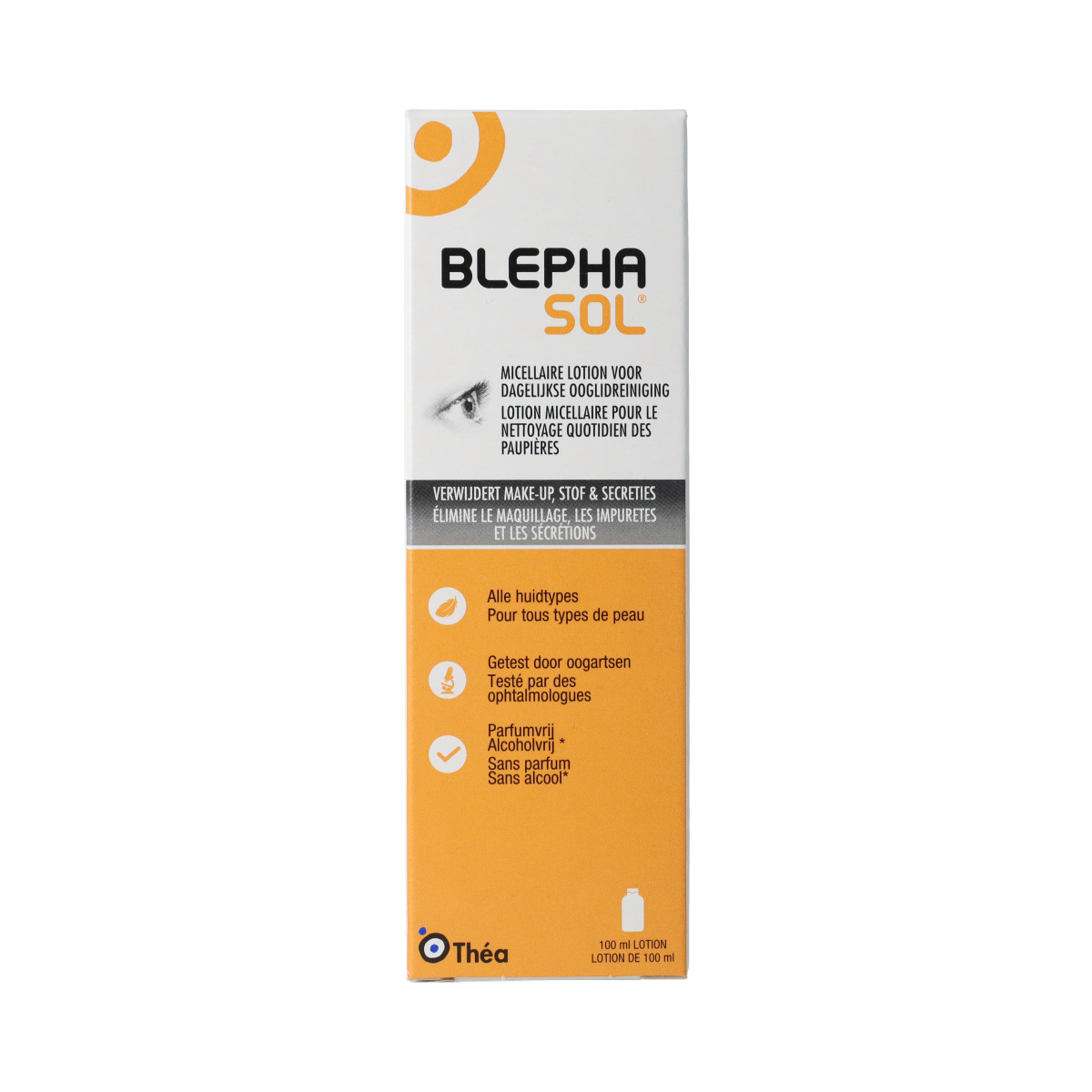 Blephasol eyelid cleansing lotion bottle for eye care, 100 milligrams, gentle solution for eyelid hygiene and comfort.