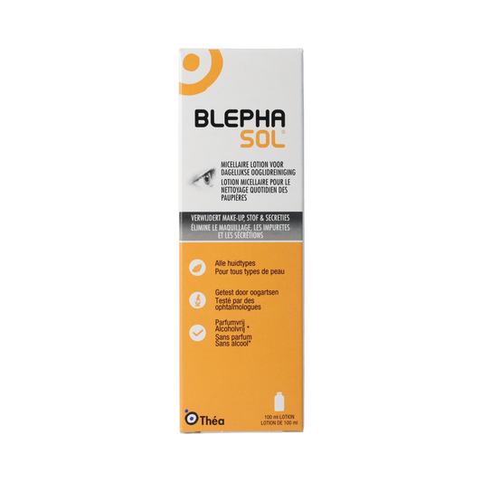 Blephasol eyelid cleansing lotion bottle for eye care, 100 milligrams, gentle solution for eyelid hygiene and comfort.