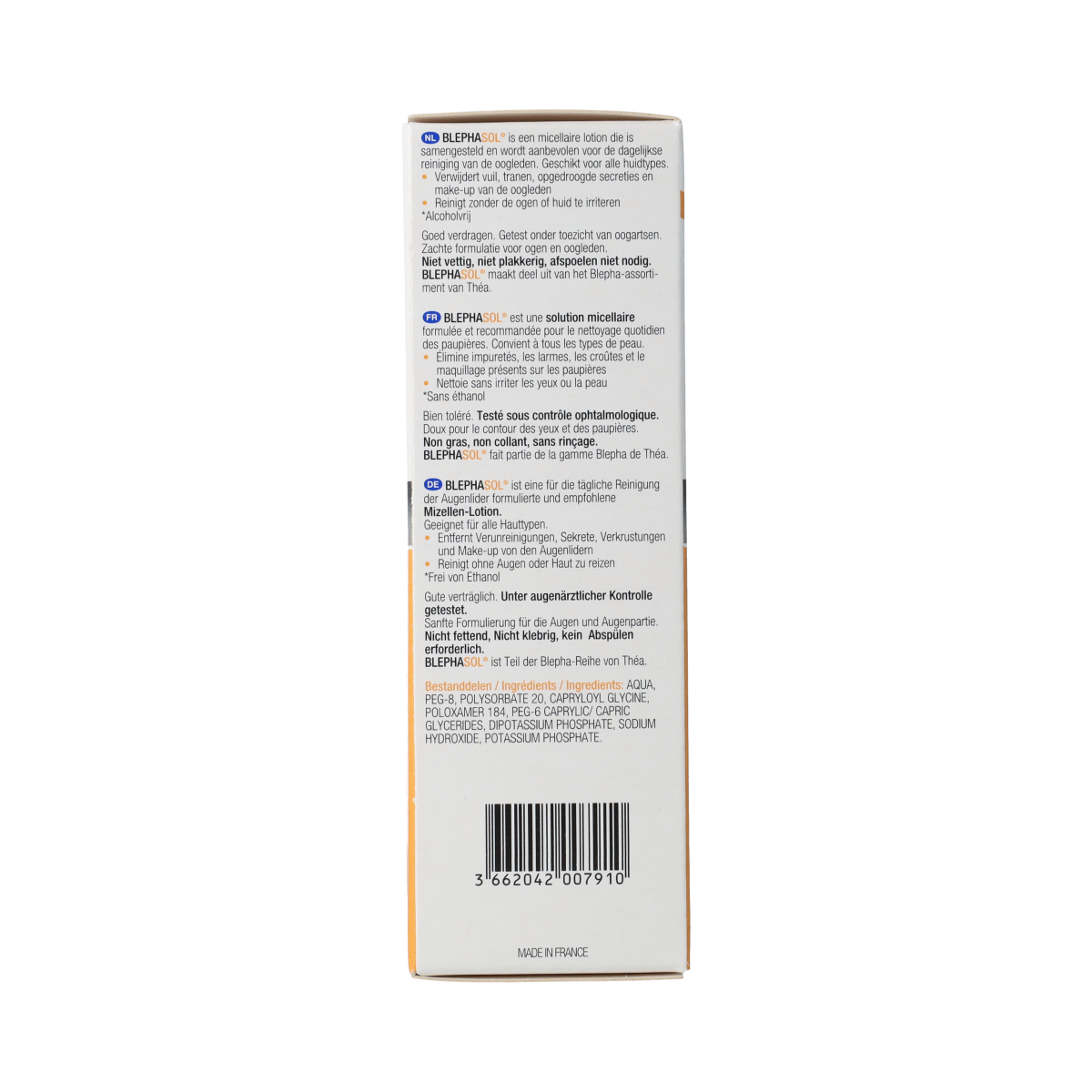 Blephasol Reinigingslotion ooglid for eye care, 100mg, gentle eyelid cleansing solution with brand logo visible.