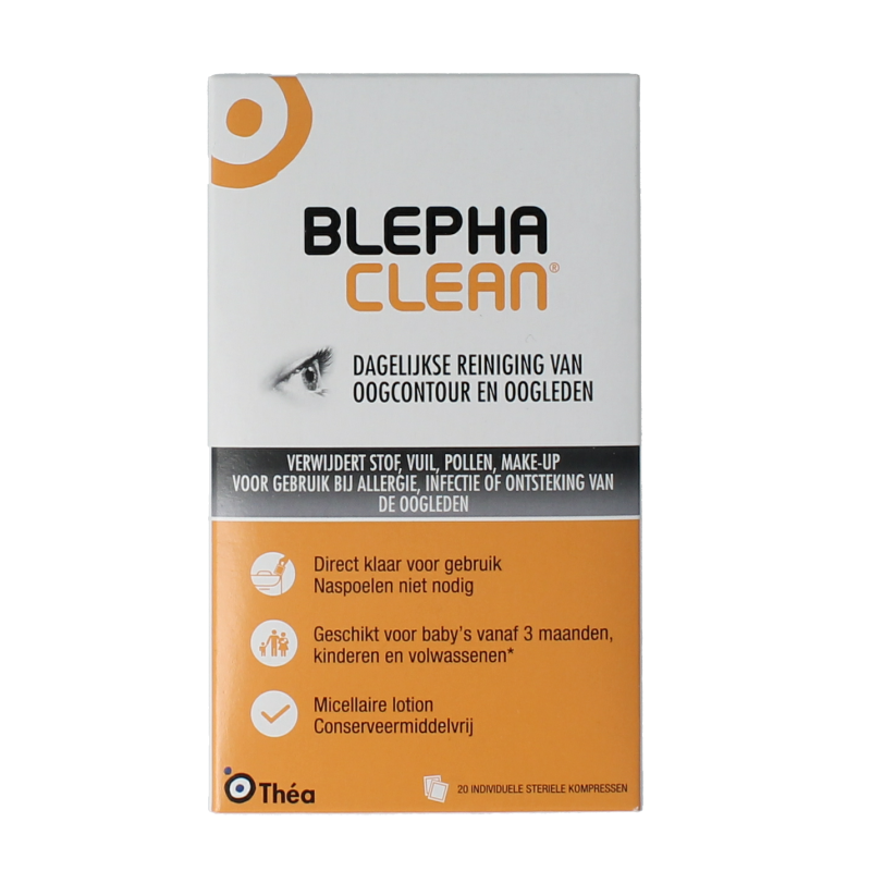 Blephaclean compresses for eye care, 20 sterile soft cloths for gentle cleaning and eye hygiene.