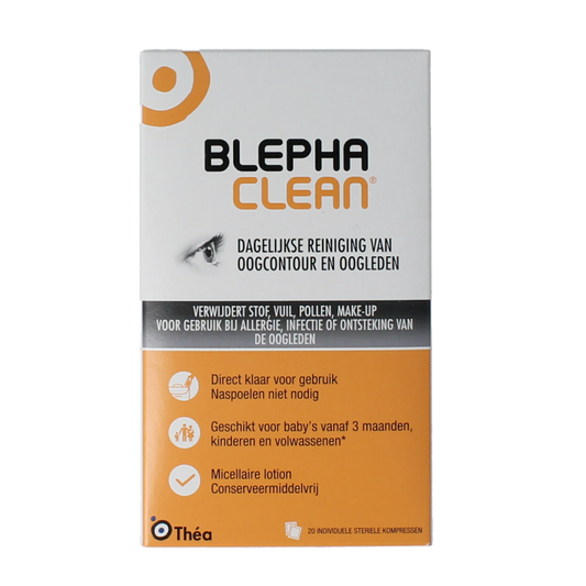 Blephaclean compresses for eye care, 20 sterile soft cloths for gentle cleaning and eye hygiene.