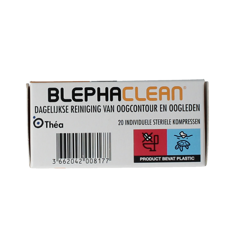 Pack of 20 Blephaclean eye compresses for gentle eye care and hygiene, featuring soft, sterile cloths for comfortable use.