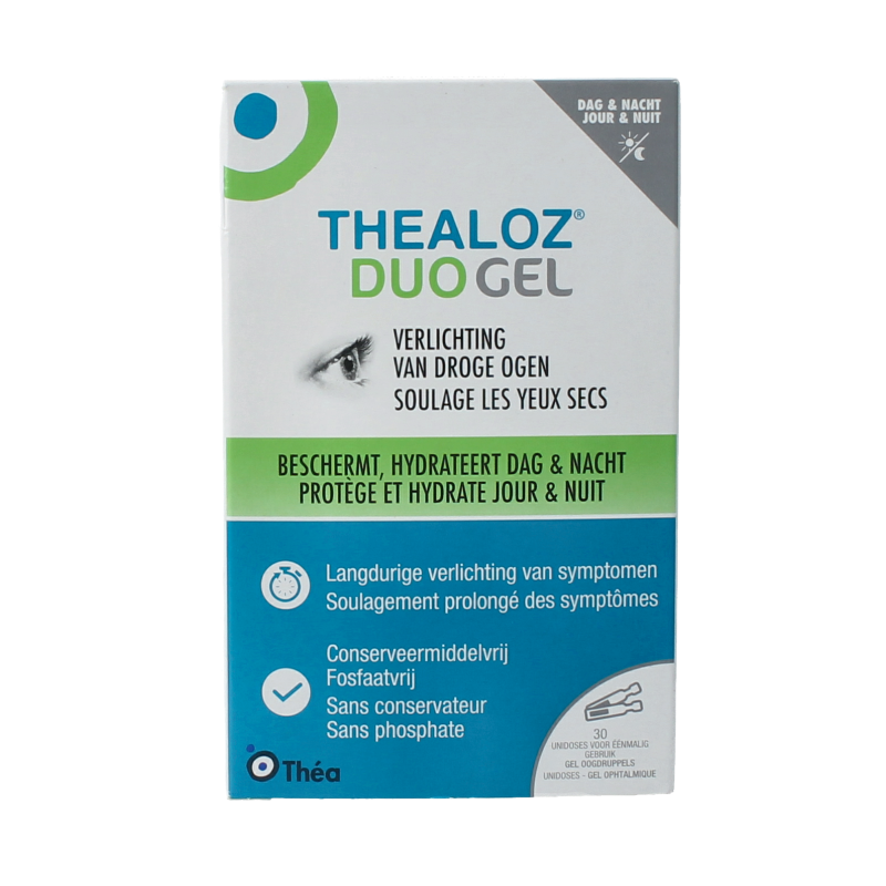 Thealoz Duo eye gel 0.4, 30 sachets, eye care product with soothing gel for dry or irritated eyes.
