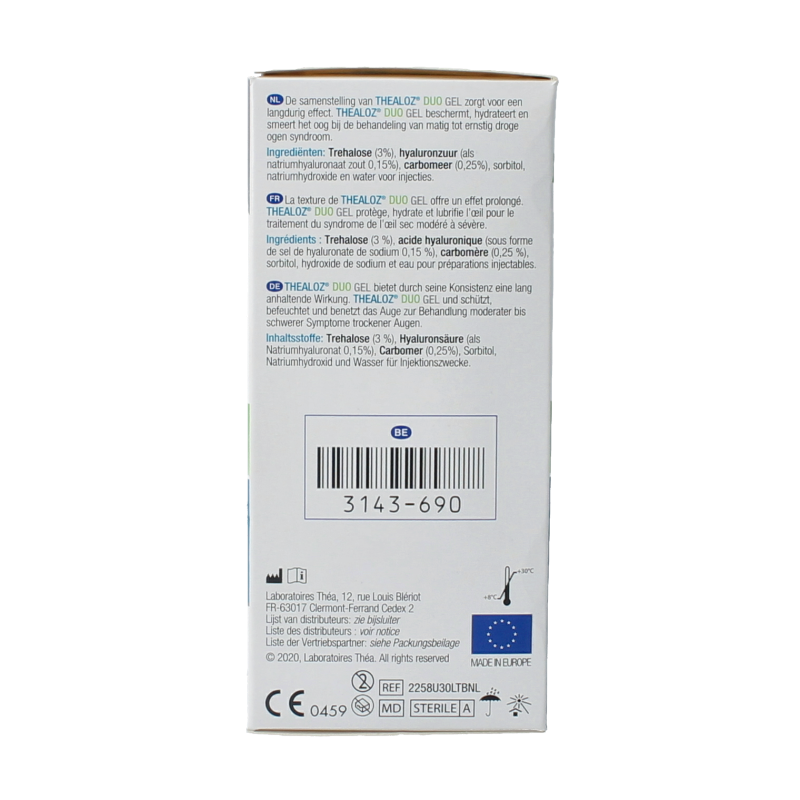 Thealoz Duo gel 0.4 eye care product in 30-pack, featuring clear gel with eye dropper applicator for eye hydration and protection.