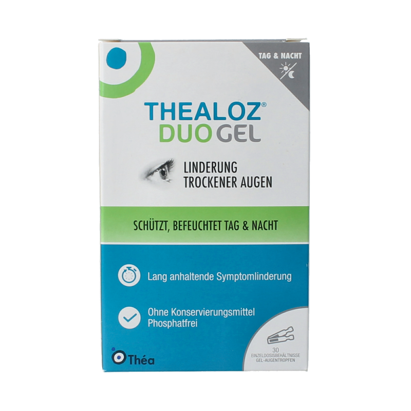 Thealoz Duo gel 0.4 eye care product in tube, designed to soothe and hydrate sensitive eyes, 30-piece pack.
