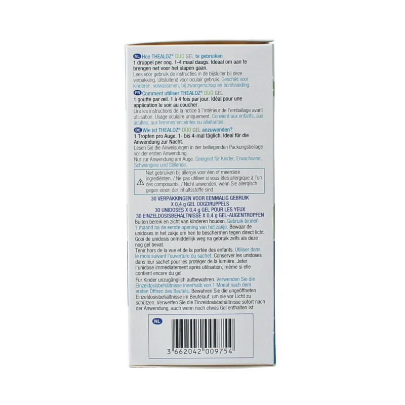 Thealoz Duo gel 0.4 eye care product in a 30-pack, featuring a clear gel for eye comfort and hydration.