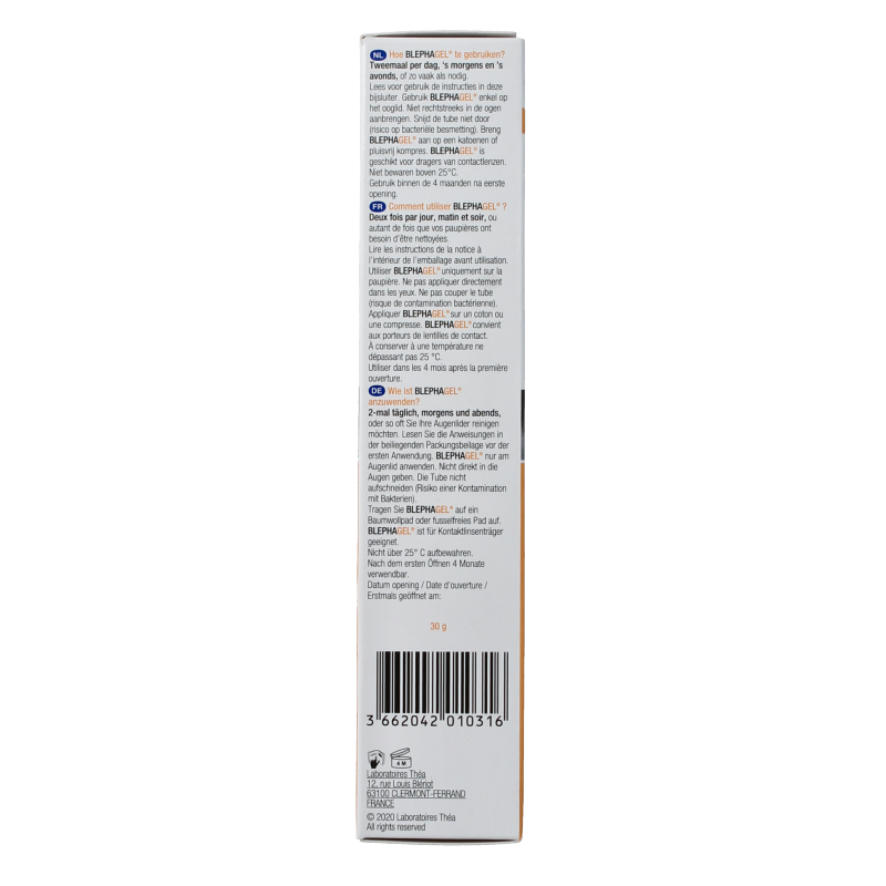 Blephagel ooglid reinigingsgel in 30 gram tube, eye care product for gentle eyelid cleansing, by Blephagel.