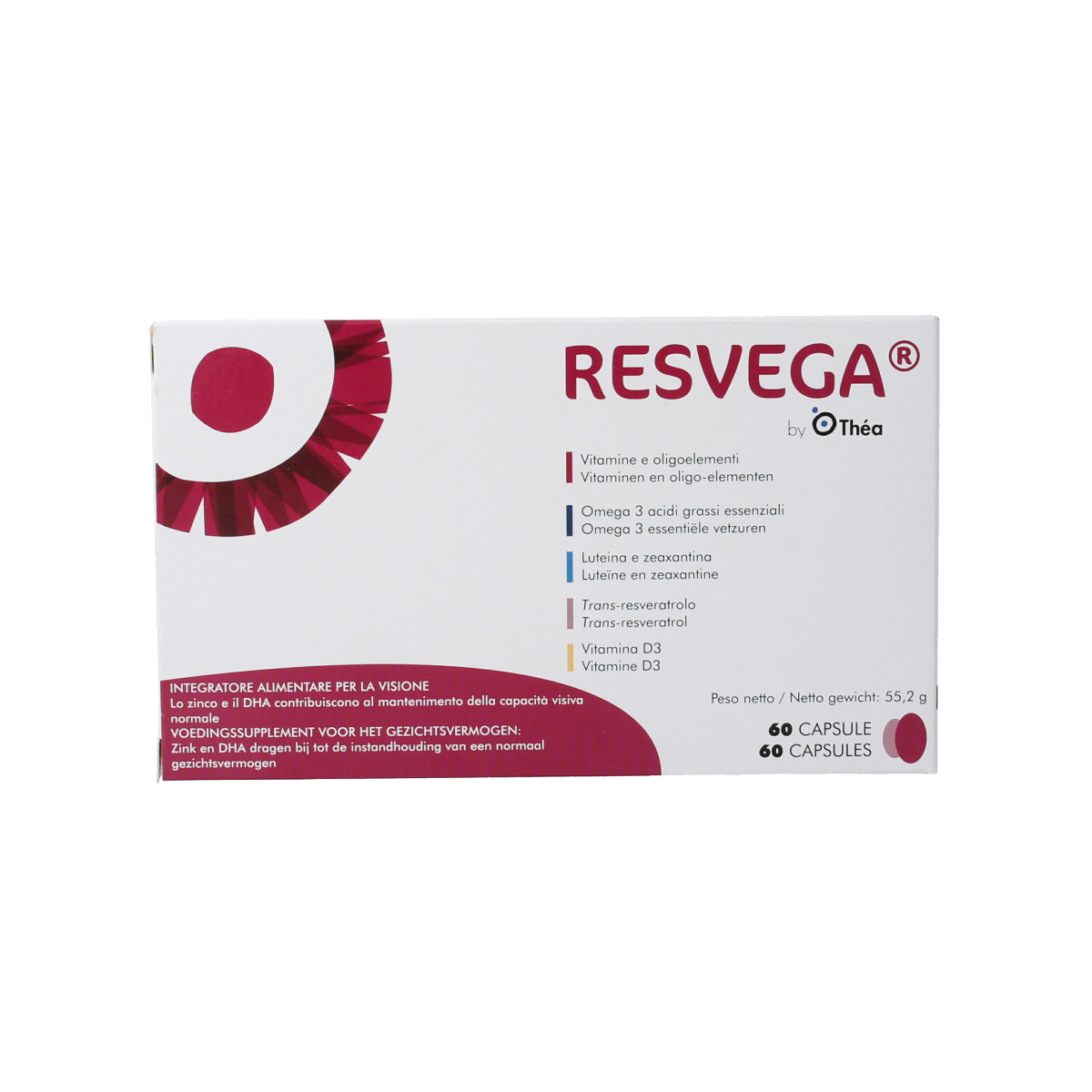 Resvega Multi Vitamin capsules, a bottle of 60 dietary supplement capsules for overall health and wellness.