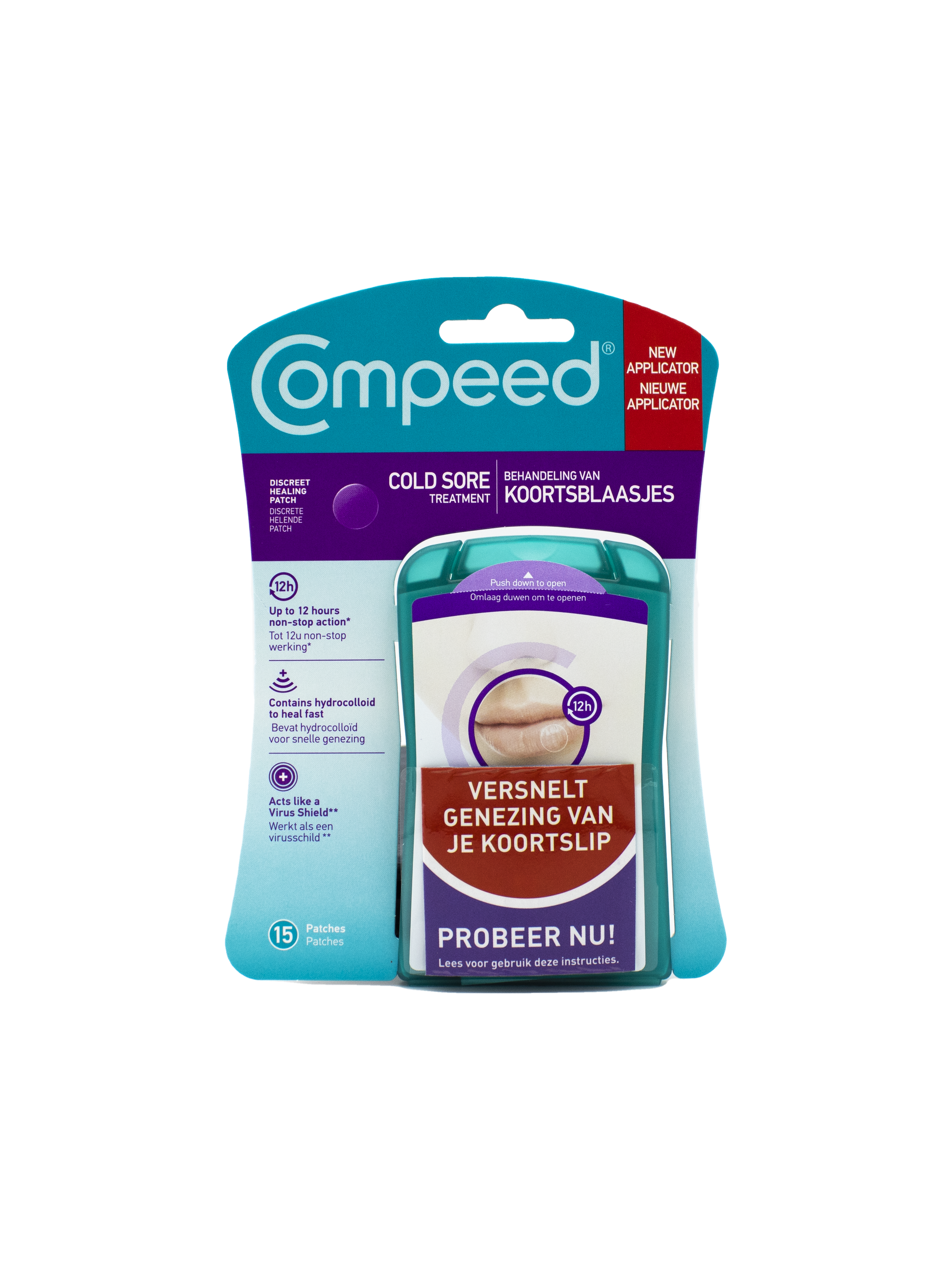 Compeed lip patches for cold sores, 15-pack, soft hydrocolloid covers for soothing lip care and protection.