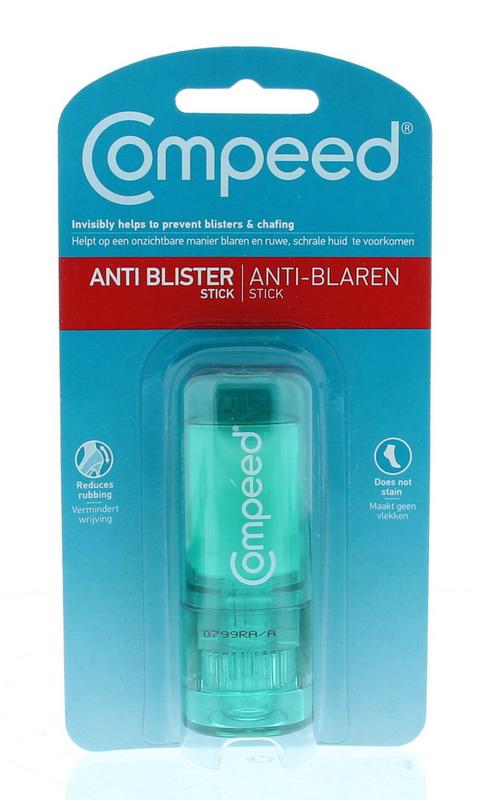 Compeed Anti-blarenstick tube for foot care, 8ml, in a white and blue packaging, designed to prevent blisters during walking.