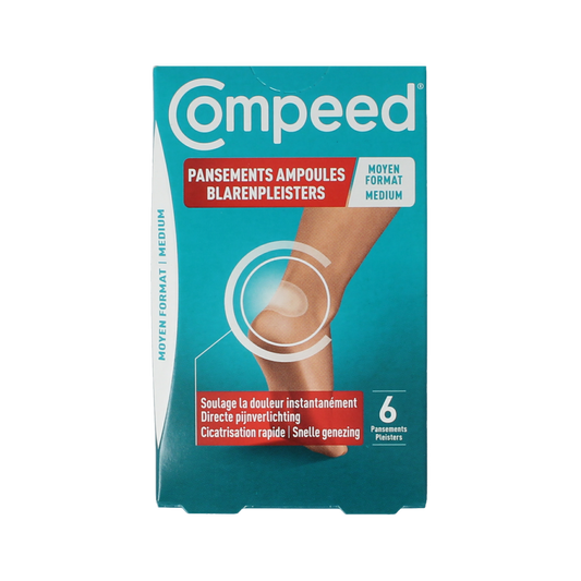 Compeed Blarenpleister medium for foot care, shown in a box with six blister plasters from the Compeed brand.