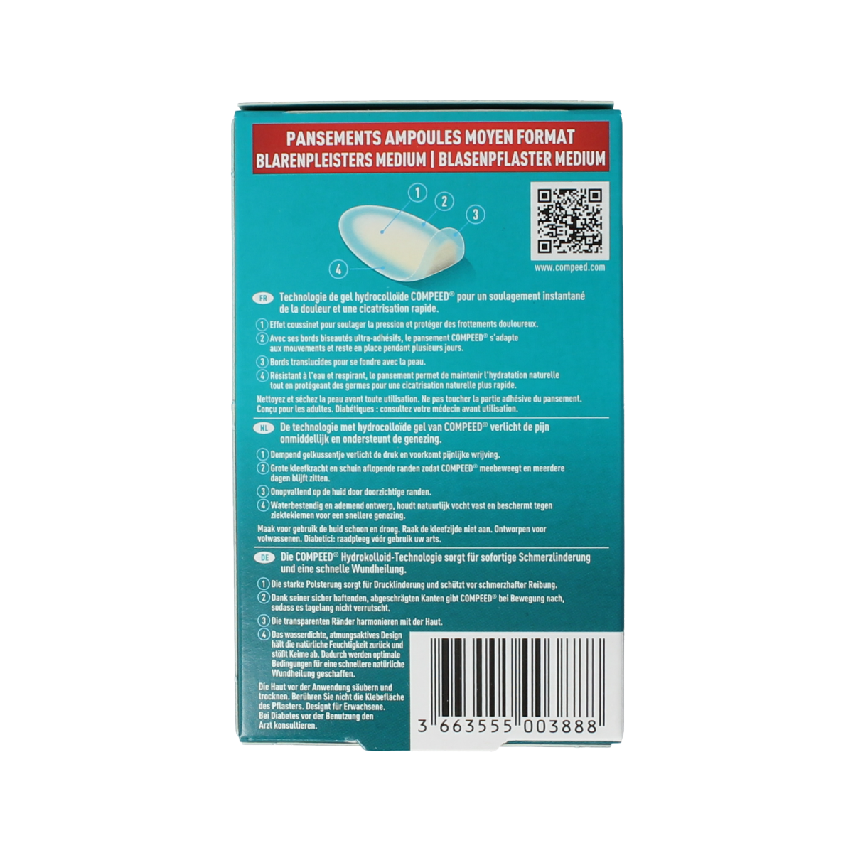 Compeed Blarenpleister medium for foot blister relief, shown in a pack of six, from Compeed foot care brand.