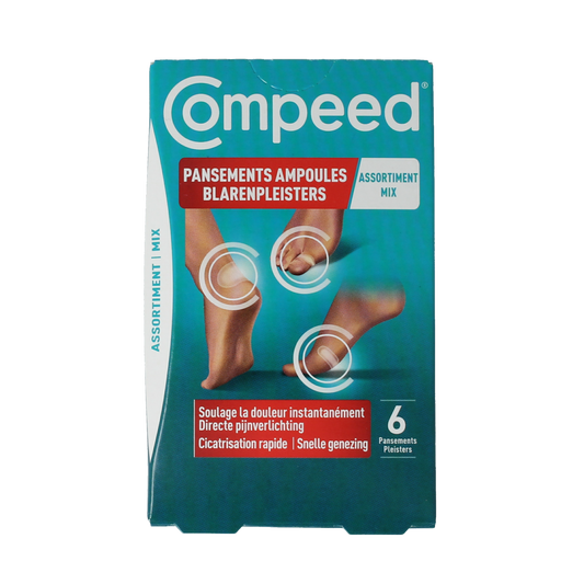 Compeed foot care blister plasters mix pack with six adhesive blister cushions for foot protection and healing.