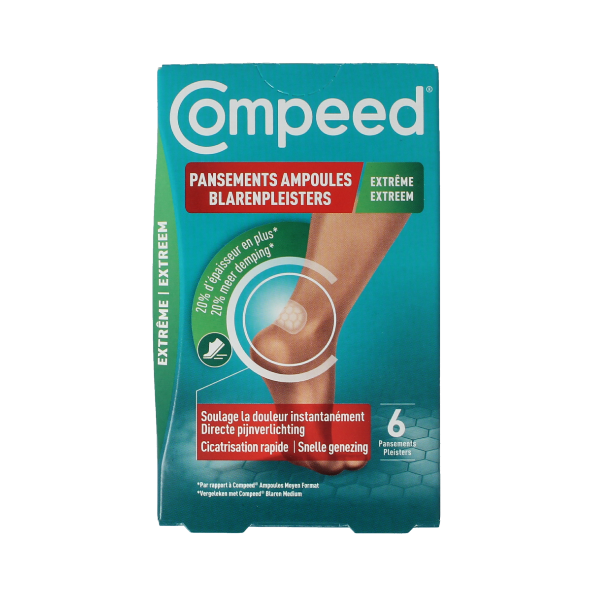 Compeed Blarenpleister extreme foot care patches in a box, designed to protect and soothe blisters on the feet.