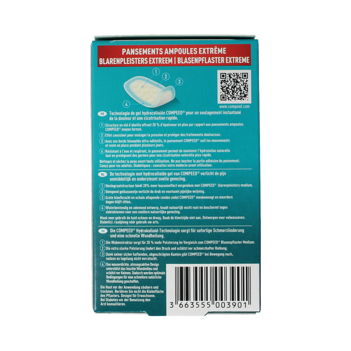 Compeed Blarenpleister extreme foot care patches, 6-pack, designed to protect blisters and soothe sore feet.