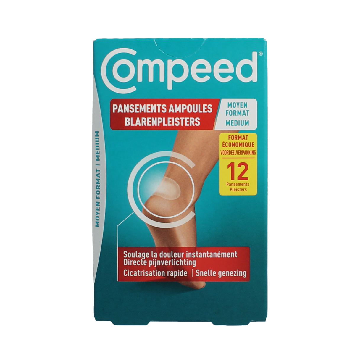 Medium Compeed Blarenpleister for foot care, showing a box of 12 blister plasters from the Compeed brand.