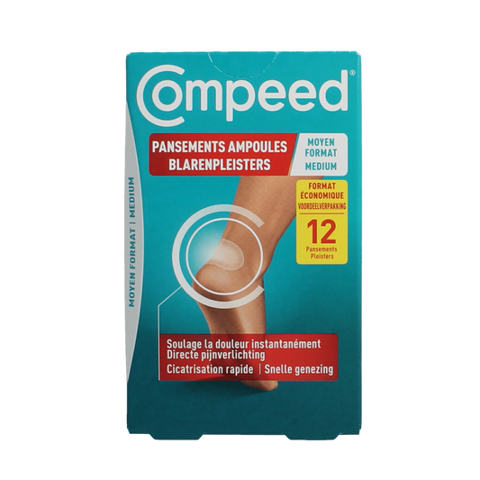 Medium Compeed Blarenpleister for foot care, showing a box of 12 blister plasters from the Compeed brand.