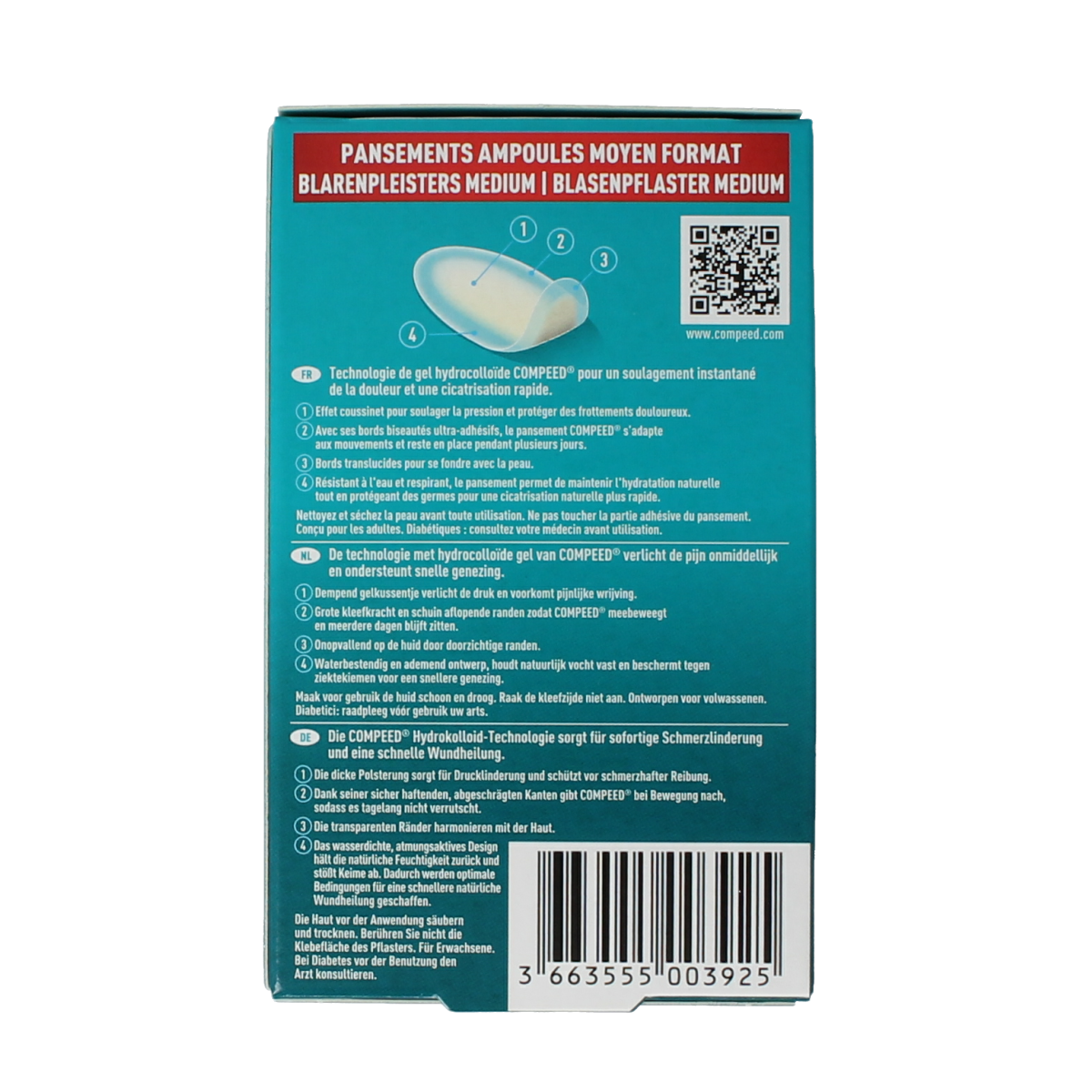 Compeed Blarenpleister medium size, foot care blister plaster in a pack of 12, designed to protect and soothe blisters on feet.
