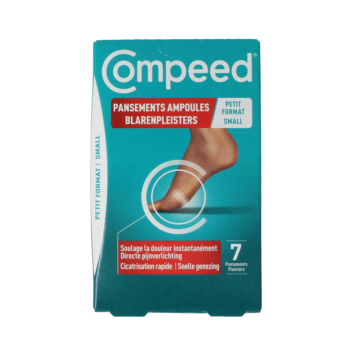 Compeed small blister plasters for foot care, 7-pack, designed to protect and soothe blisters on feet.