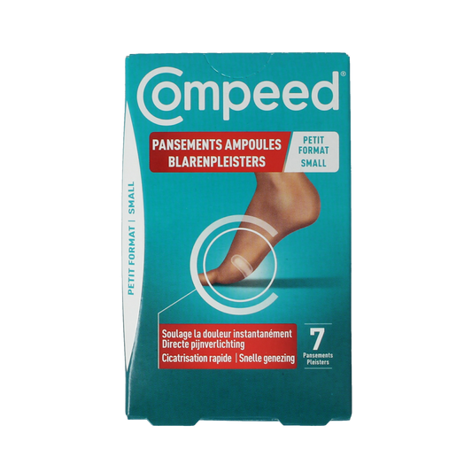 Compeed small blister plasters for foot care, 7-pack, designed to protect and soothe blisters on feet.