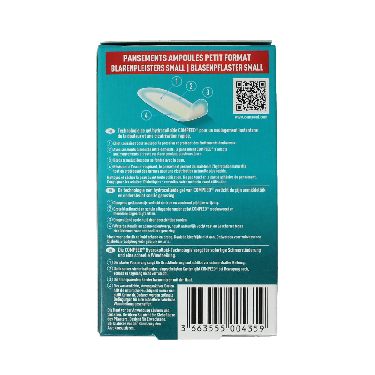 Compeed Blarenpleister small foot care patches in a blister pack, designed for treating foot blisters and skin protection.