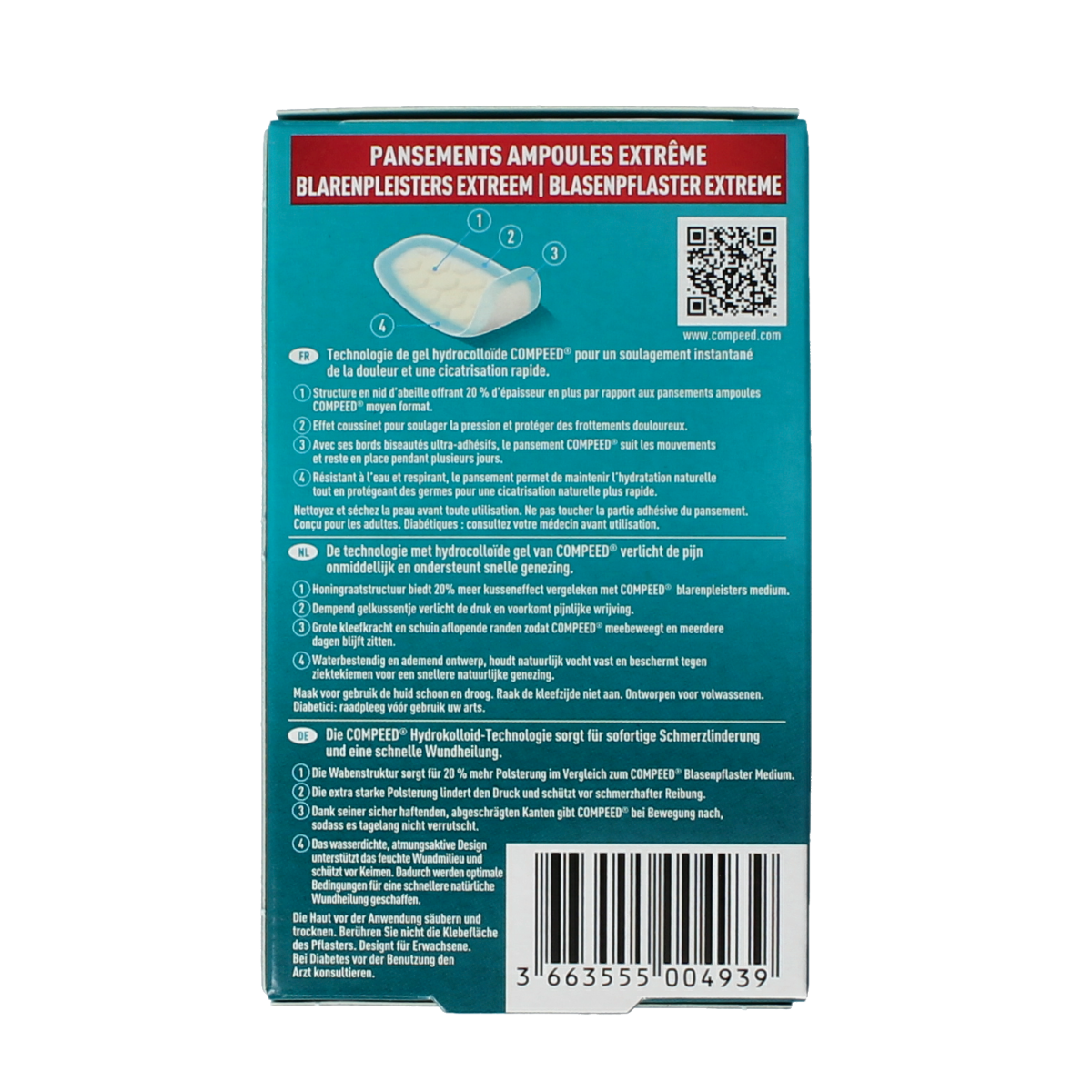 Compeed Blarenpleister extreem medium for foot comfort, showing a pack of 10 blister plasters in a foot care product image.