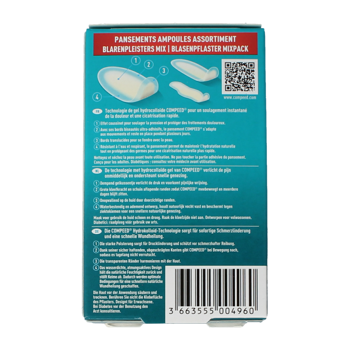 Compeed blarenpleisters mixpack for foot care, including 10 adhesive blister pads for soothing foot comfort.