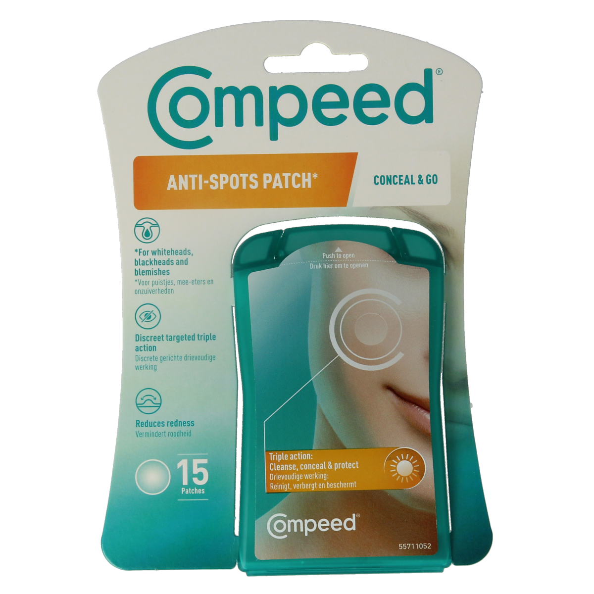 Compeed Anti-Spots conceal & go foot care patches for spot treatment, 15-pack, in a white and clear packaging.