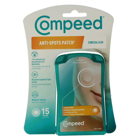 Compeed Anti-Spots conceal & go foot care patches for spot treatment, 15-pack, in a white and clear packaging.