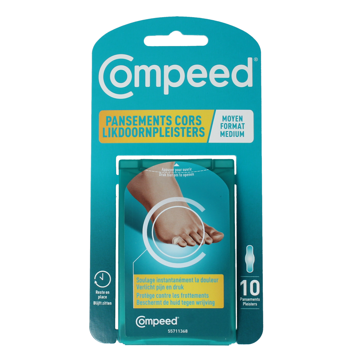 Compeed Likdoornpleister medium for foot care, 10-pack, designed to soothe and protect corns and calluses on the feet.