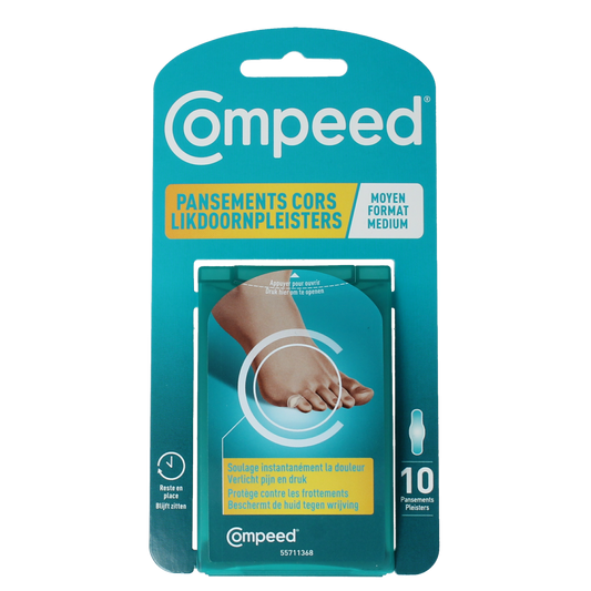 Compeed Likdoornpleister medium for foot care, 10-pack, designed to soothe and protect corns and calluses on the feet.