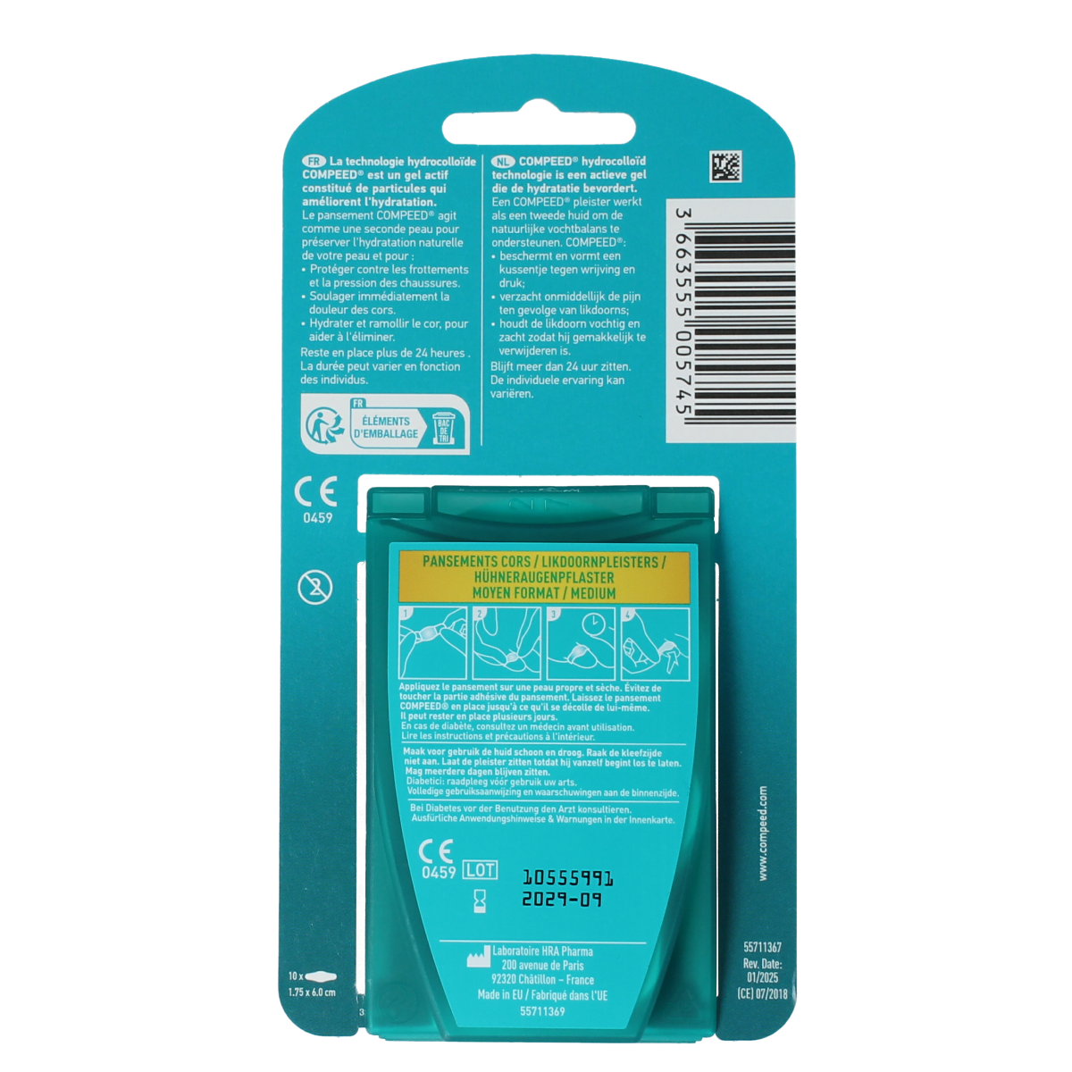 Compeed medium corn plasters for foot care, showing a box of 10 foot blister patches by Compeed.