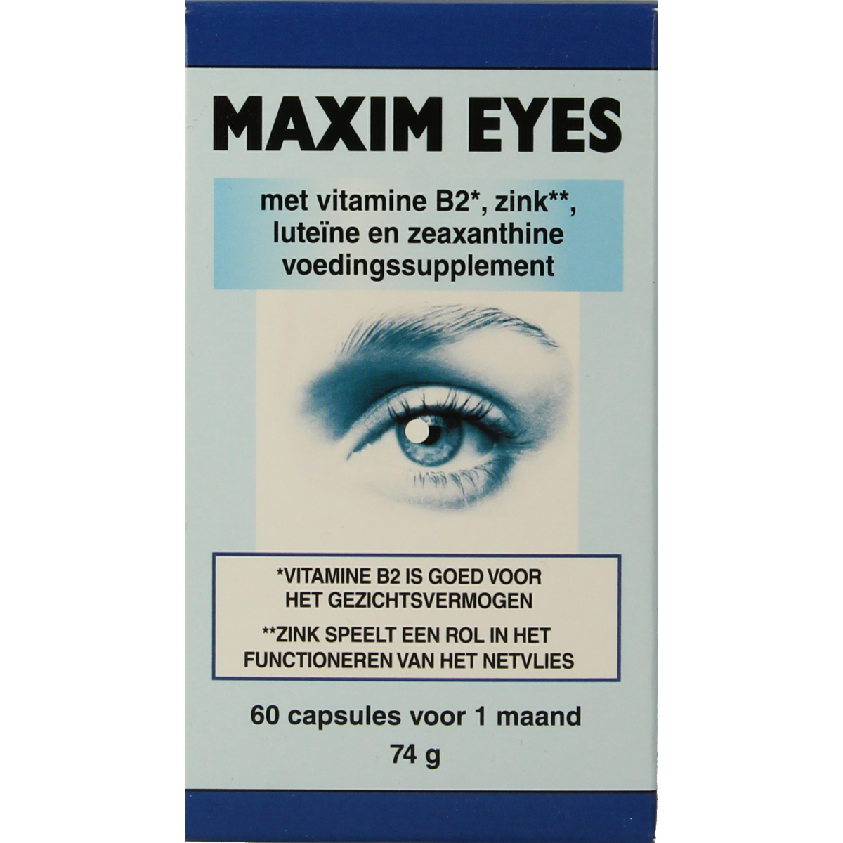 Horus Maxim Eyes vegetarian multi-vitamin capsules displayed in a clear container, emphasizing natural ingredients for eye health.