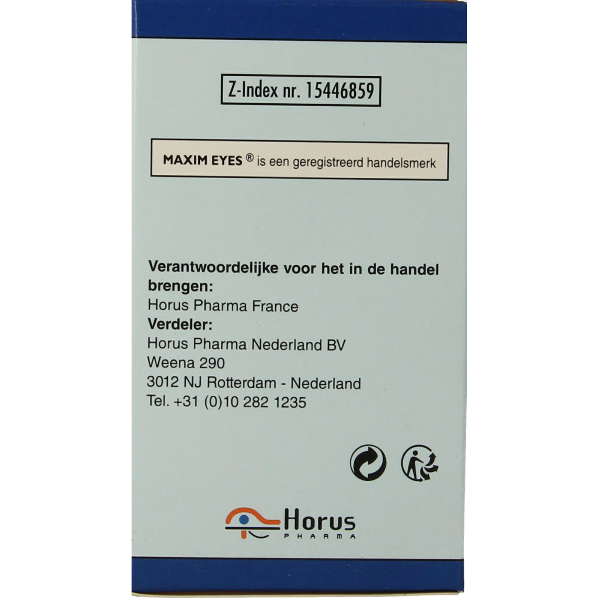 Horus Maxim Eyes vegetarian vitamin capsules in a transparent bottle, designed for eye health support.
