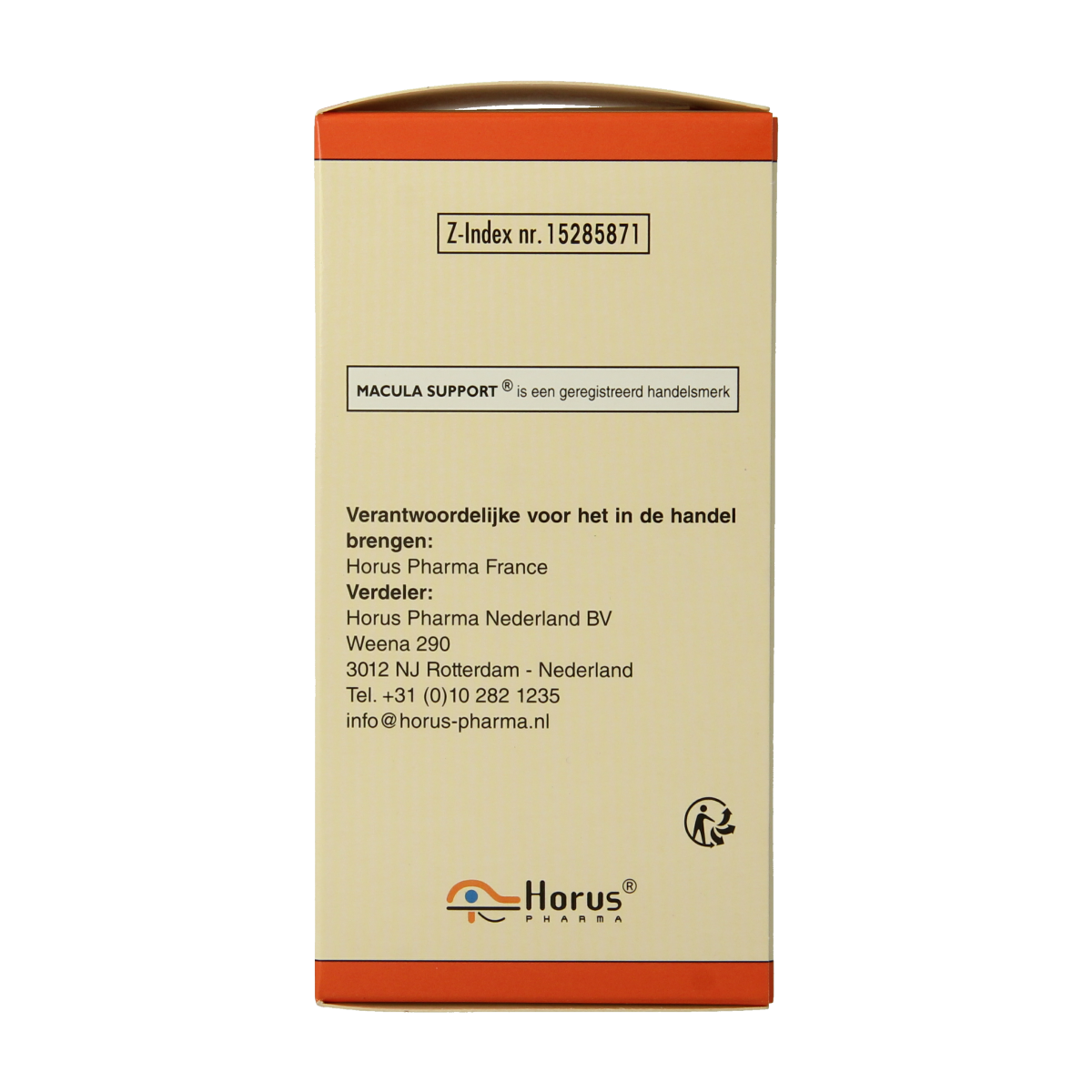 Horus Macula Support capsules in a bottle, herbal supplement by Horus for eye health and macula support.