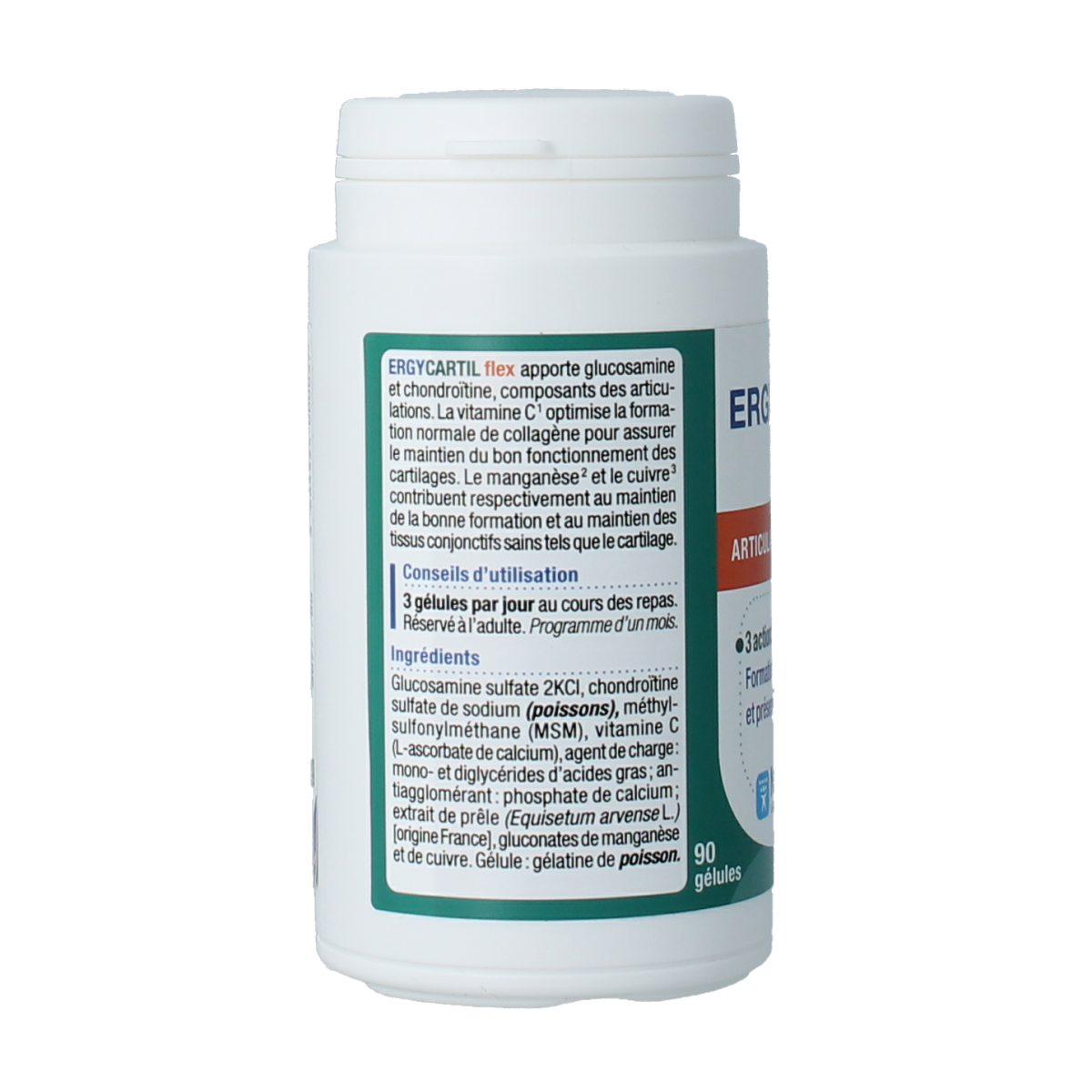 Nutergia Ergycartil Flex mineral supplement capsules, showing a bottle of Nutergia multivitamins for joint support.