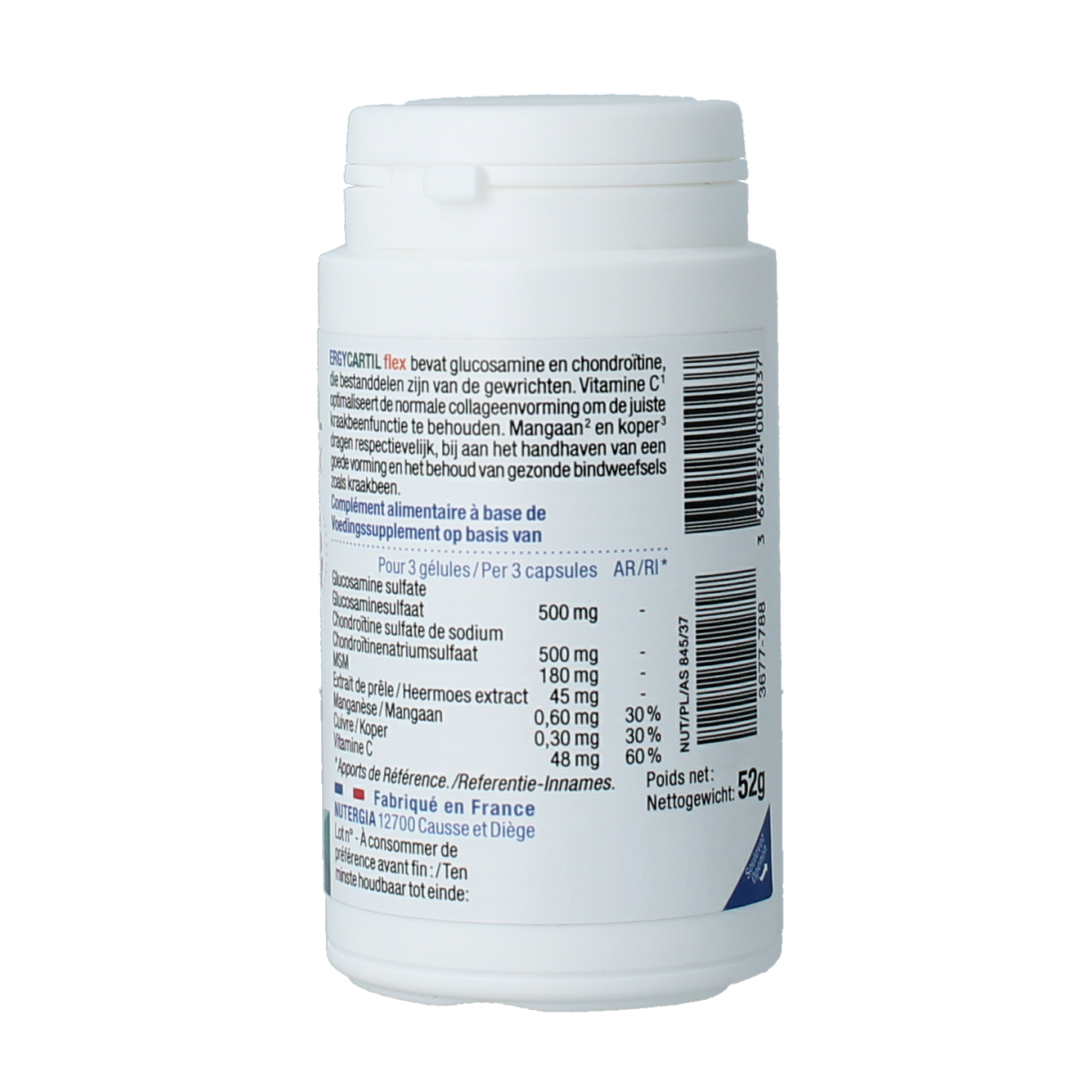 Nutergia Ergycartil Flex mineral supplement capsules, 90-count, designed to support joint and cartilage health.