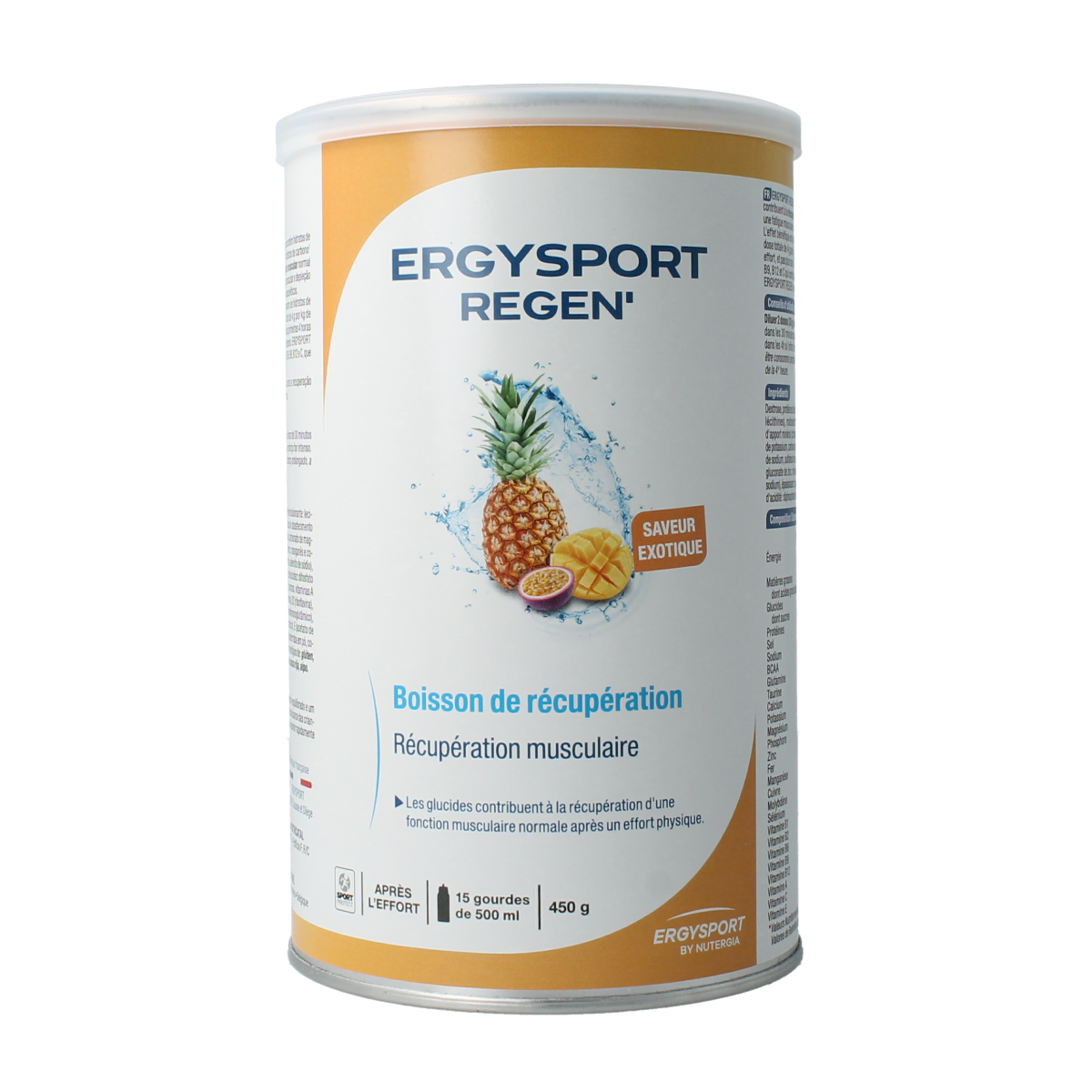 Nutergia Ergysport Regen Exotisch amino acids supplement in a 450g container, featuring colorful exotic fruit flavor design.