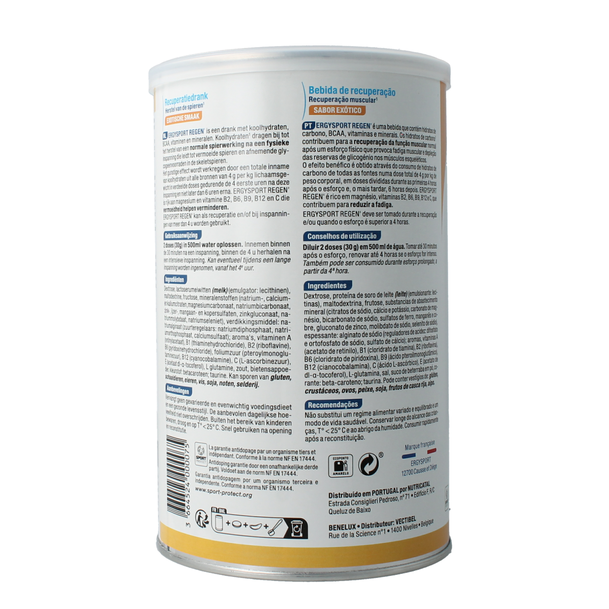 Nutergia Ergysport Regen Exotisch amino acids supplement in 450g container with colorful label and supplement scoop.