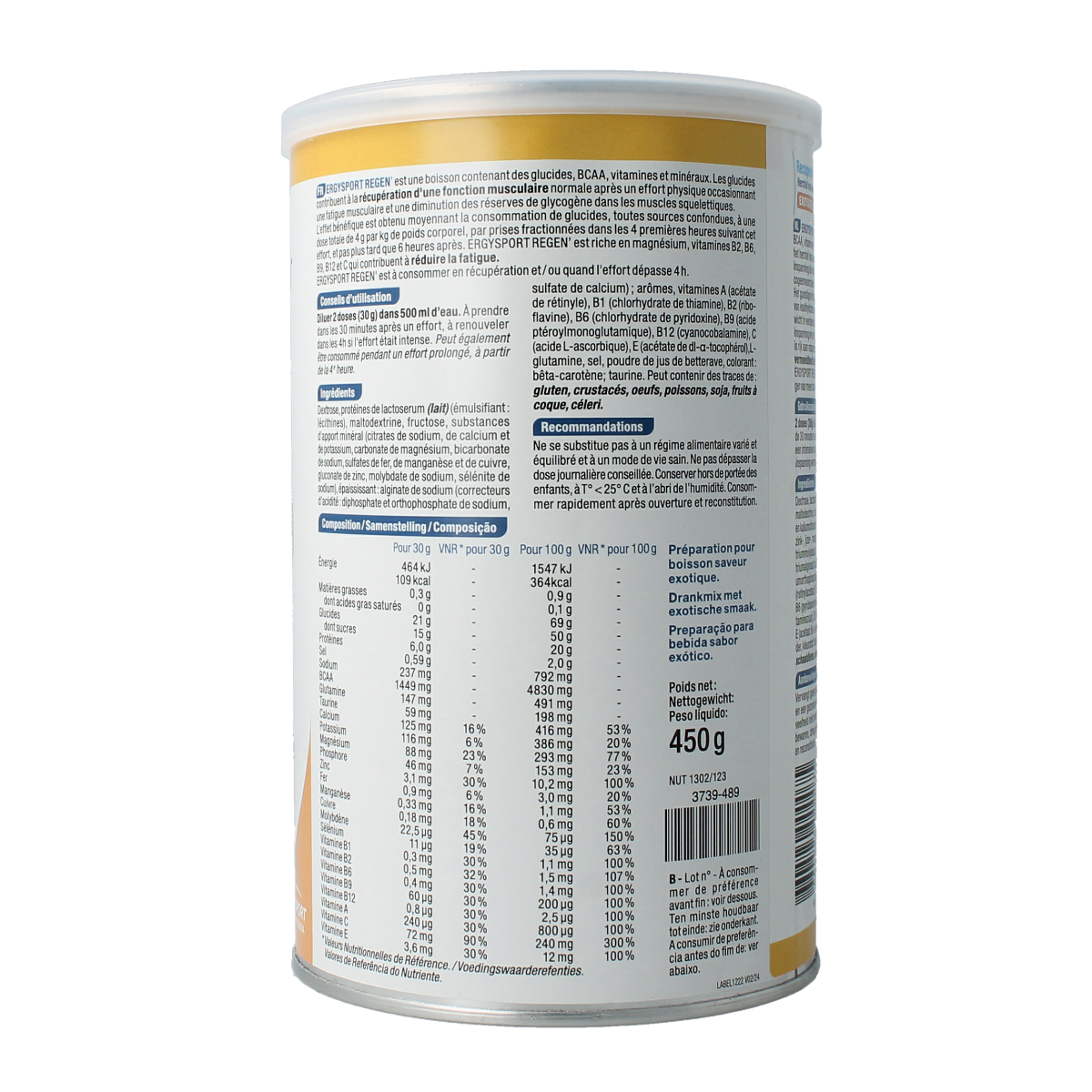 Nutergia Ergysport Regen Exotisch amino acid supplement in a 450g container, featuring colorful packaging and label details.