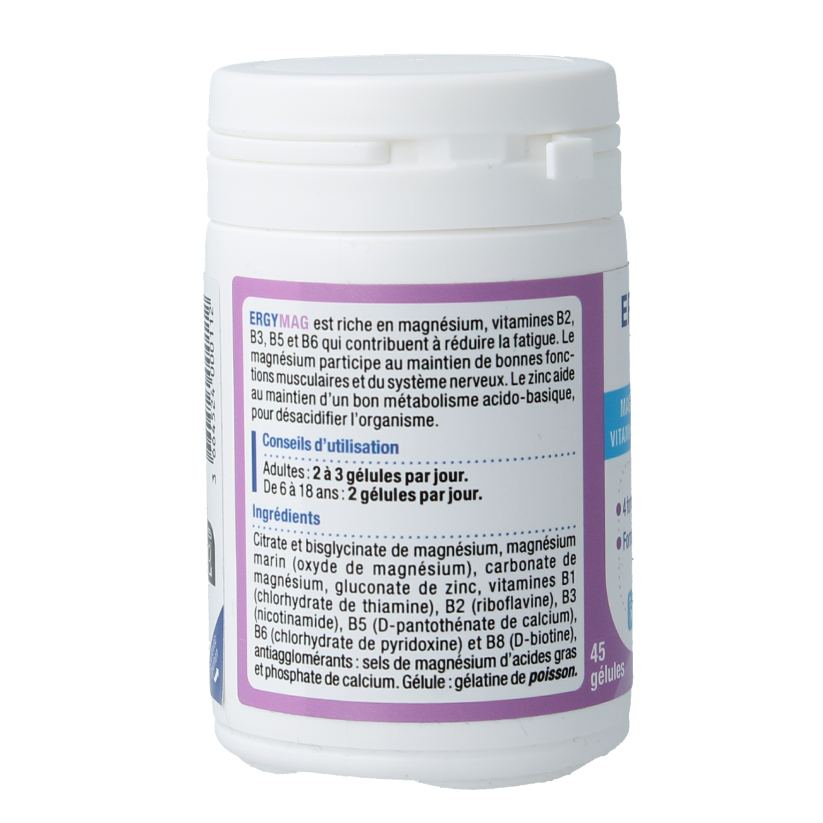 Nutergia Ergymag 45 capsules mineral supplement, showing a close-up of the capsule bottle with label details.