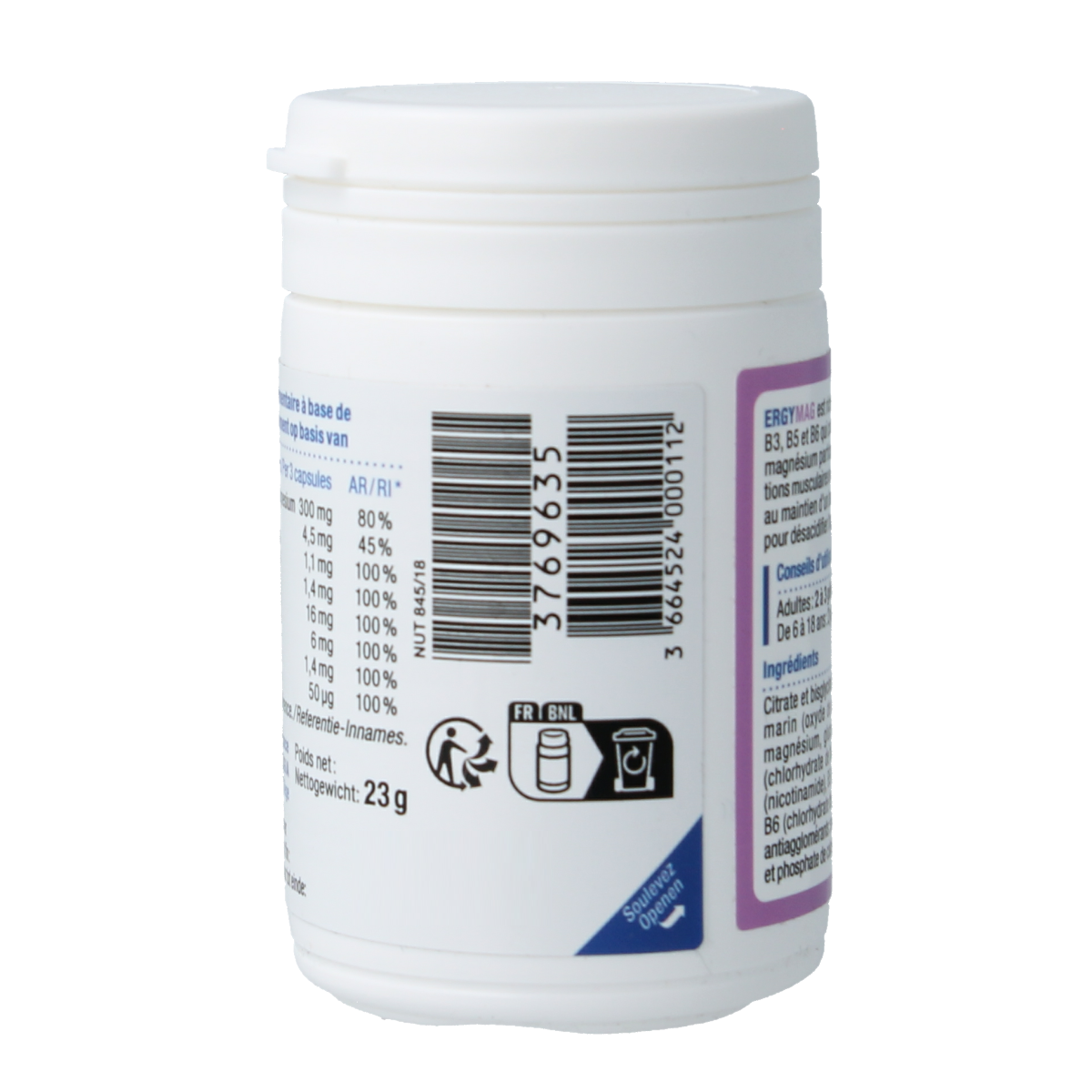 Nutergia Ergymag mineral capsules, a dietary supplement containing magnesium and minerals, shown in a clear bottle with capsules inside.