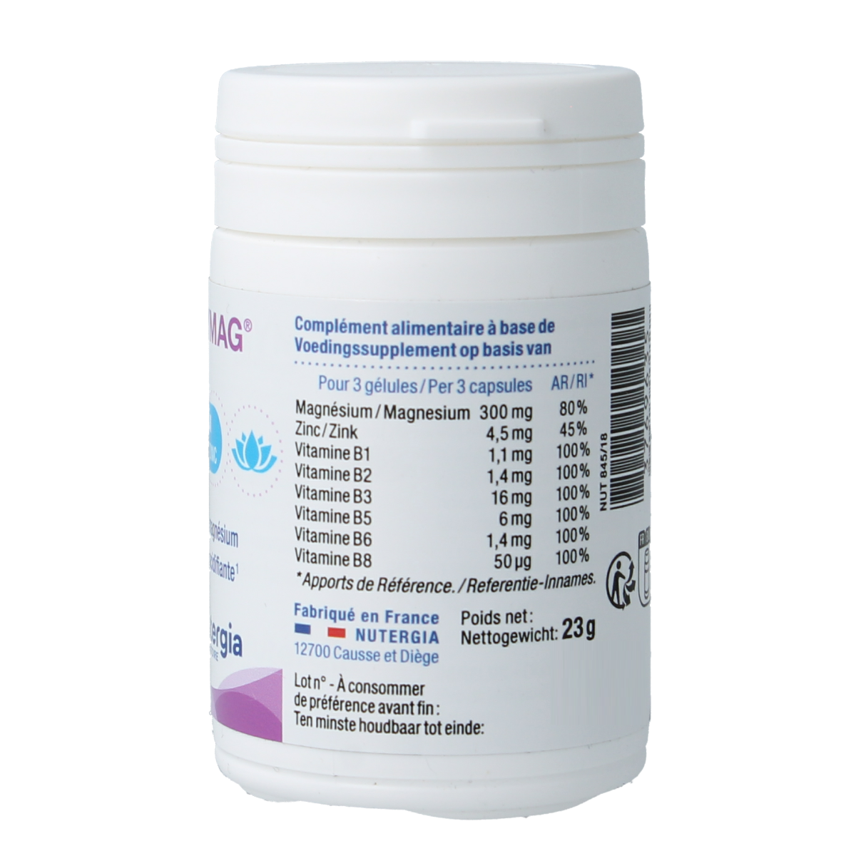 Nutergia Ergymag mineral capsules, dietary supplement container with 45 capsules for magnesium and mineral support.