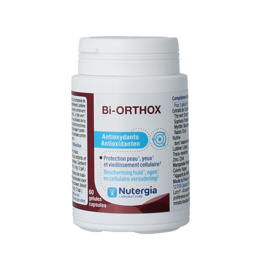 Nutergia Bi Orthox herbal supplement capsules, 60-count, in a clear container with green and white label.