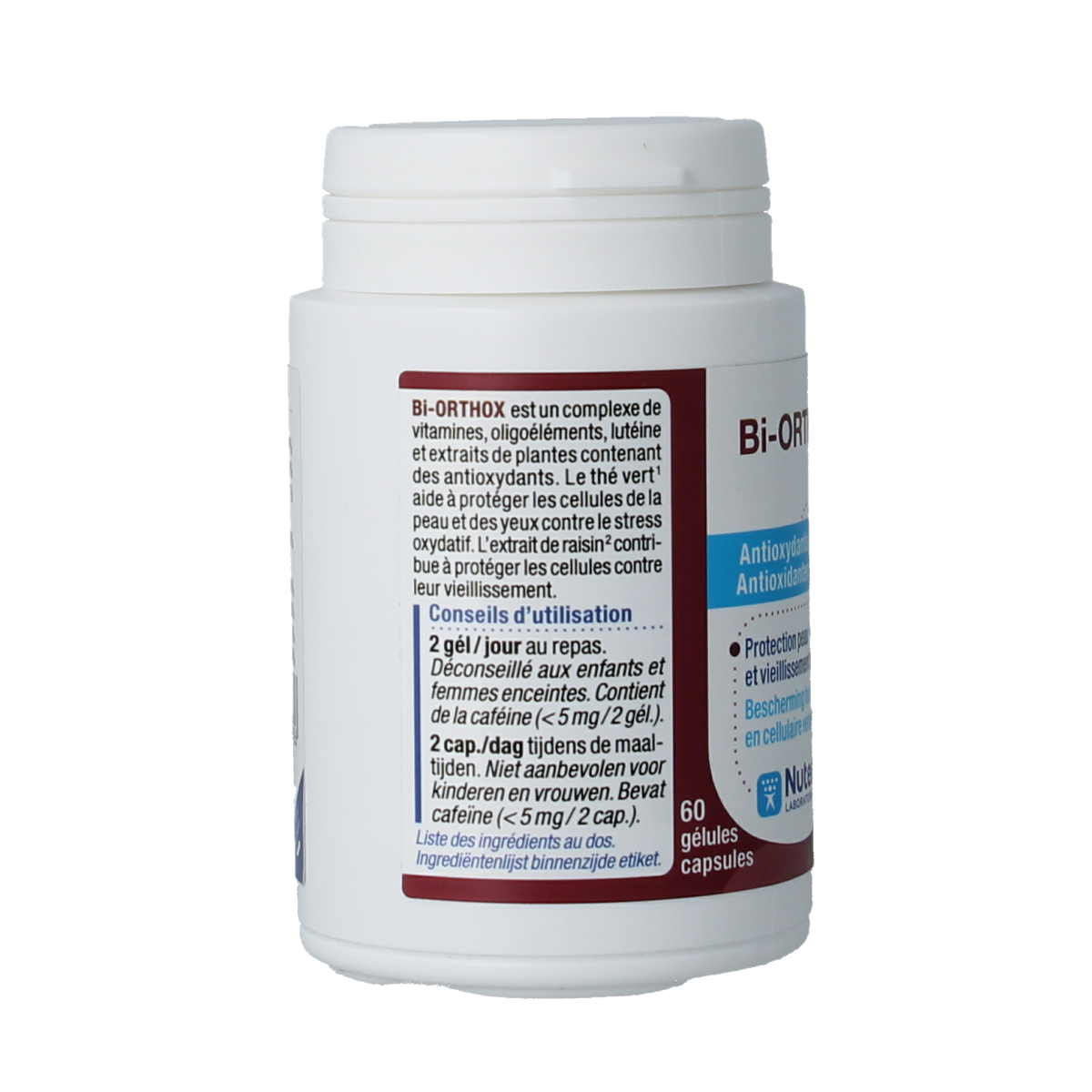 Nutergia Bi Orthox herbal supplement capsules in a white bottle with label, showing 60 capsules for dietary support.