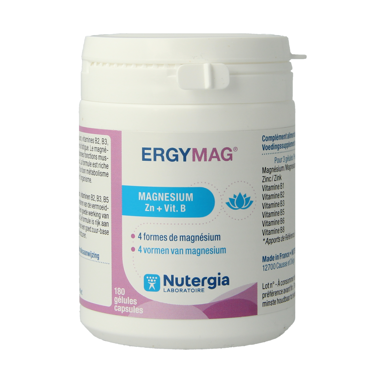 Nutergia Ergymag mineral capsules in a white bottle with a blue label, showing the capsules inside and part of the product packaging.
