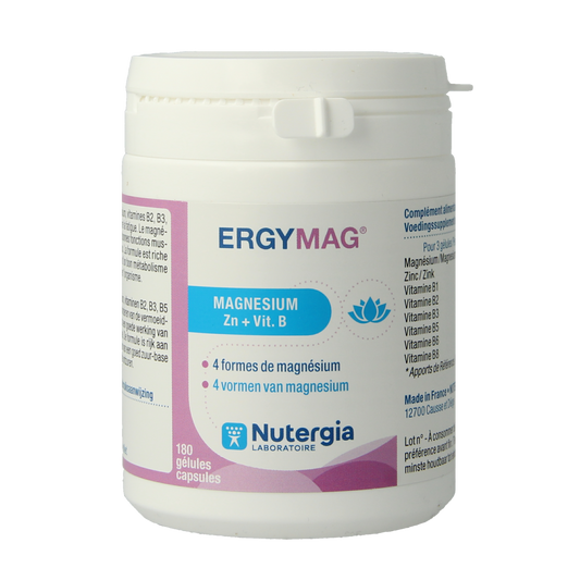 Nutergia Ergymag mineral capsules in a white bottle with a blue label, showing the capsules inside and part of the product packaging.