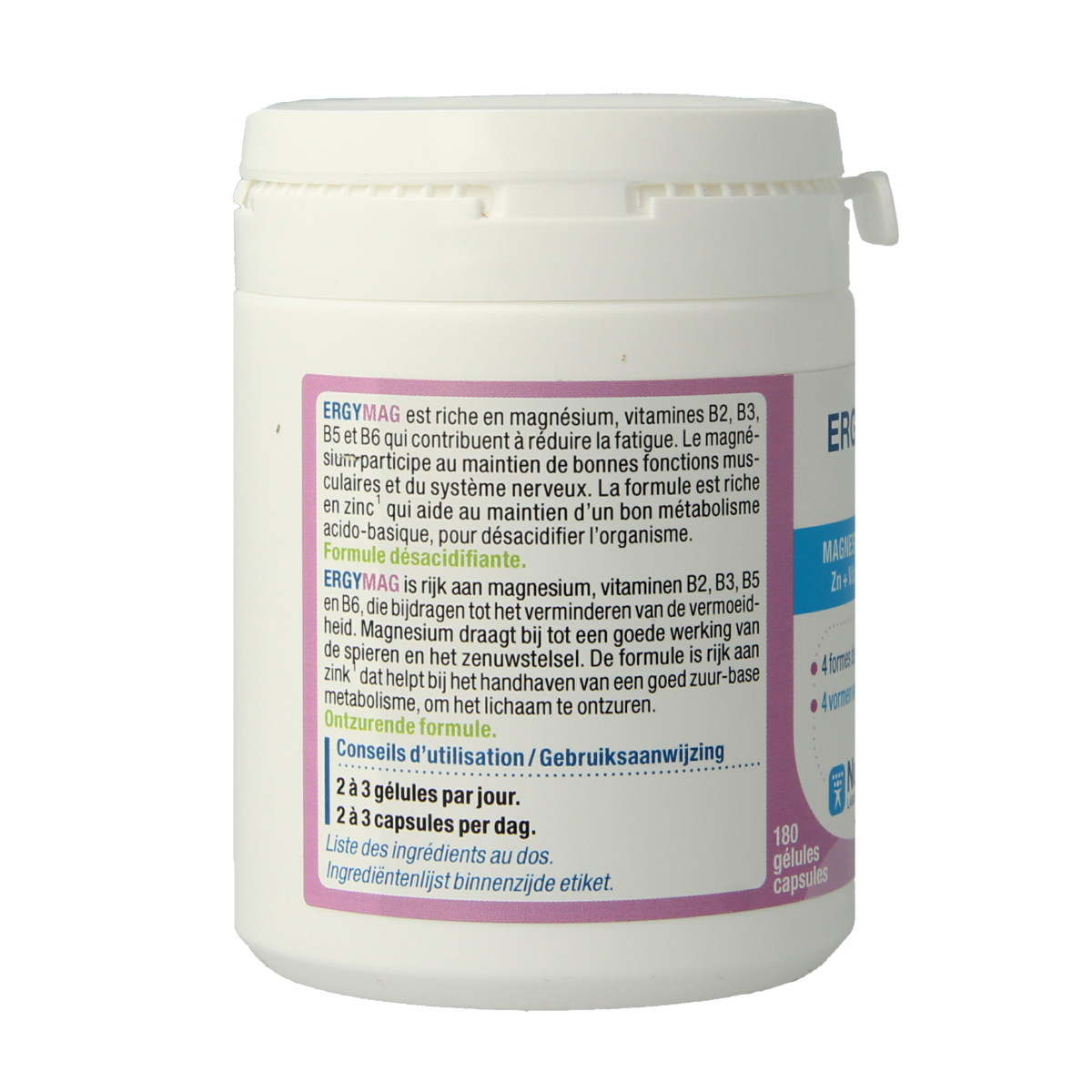 Nutergia Ergymag mineral multivitamin capsules, 180-count, shown in a close-up image.