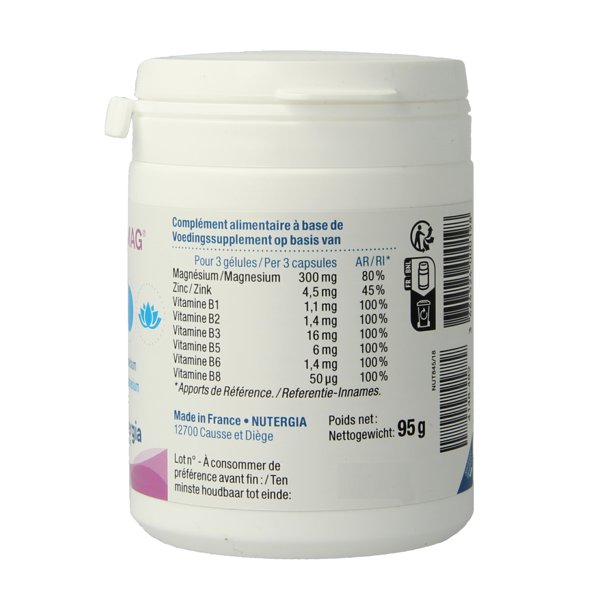 Nutergia Ergymag mineral capsules in a bottle, showing the supplement's label and capsule contents.